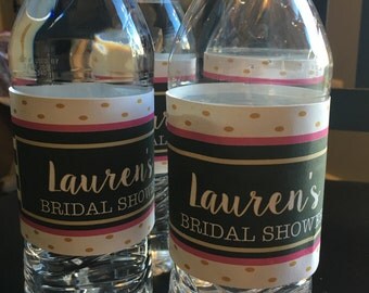 Kate Spade Bridal Shower Water Bottle Labels - Black, Gold, Pink - PRINTABLE - Customizable - DIGITAL FILE