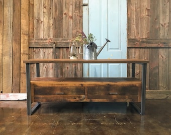 Reclaimed Wood Media Console / Industrial TV Stand / 2 Drawer
