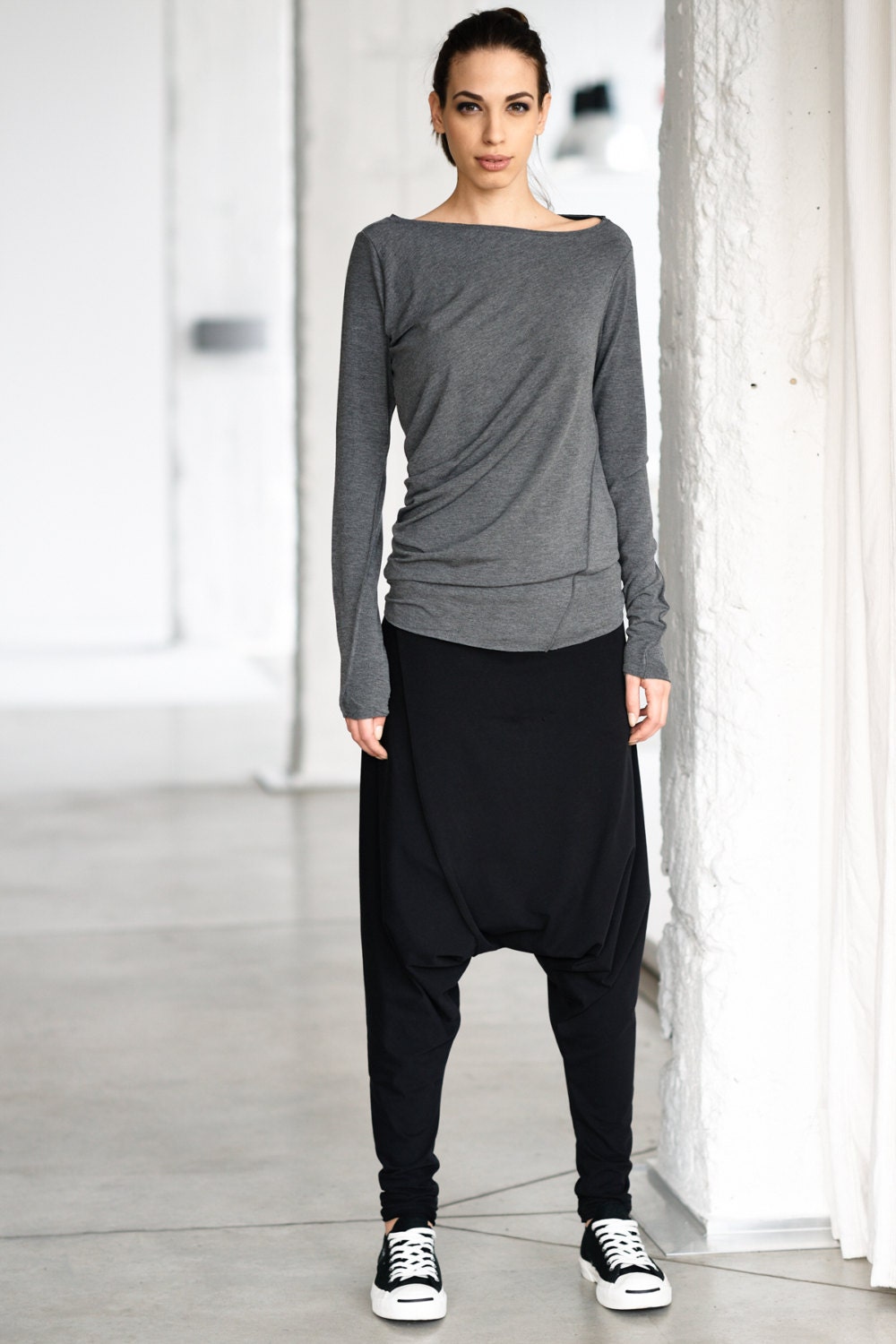 Gray Drape Top/ Womens Clothing/ Asymmetrical Long Sleeved