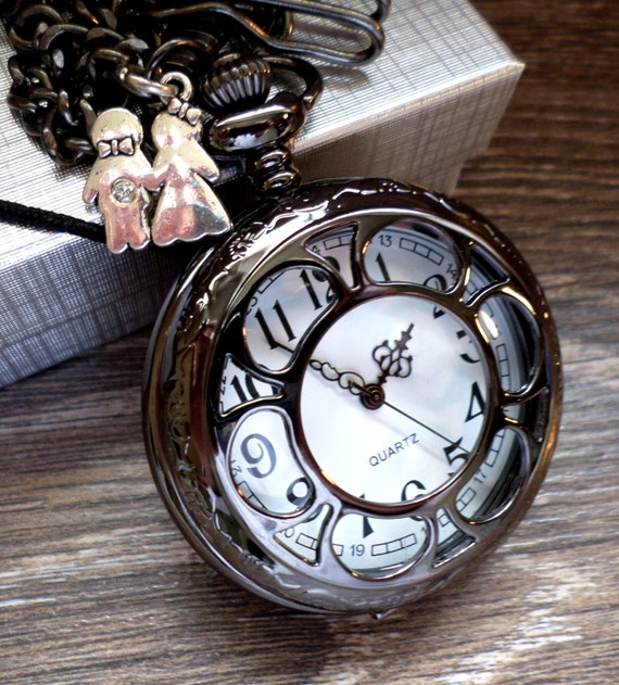 Wedding Pocket Watch Personalized and Chain with Bride & Groom