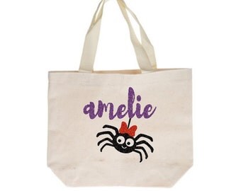 Personalized Halloween Trick-or-Treat Bag, Trick or Treat Bag for Girls, Personalized Spider Bag, Halloween Bag, Glitter Halloween Tote