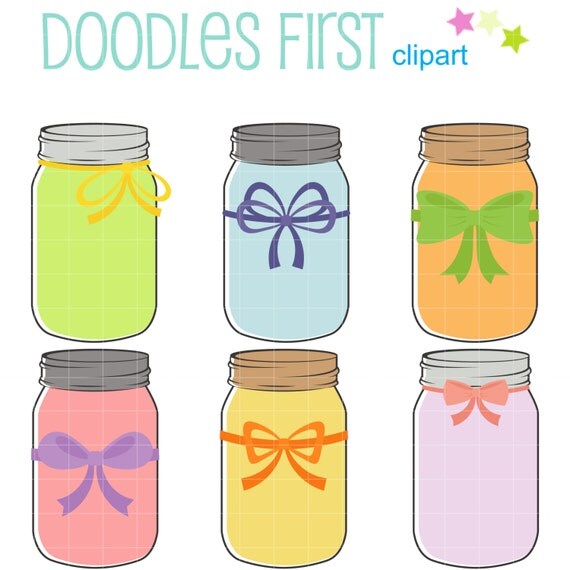 Coloful Mason Jars With Ribbons Digital Clip Art for