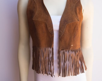 Quirky Distressed 70's Vintage Women's Fringed Tan Leather Vest