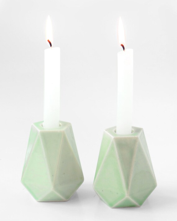 Pale green Shabbat candlesticks Ceramic candleolder Ceramic