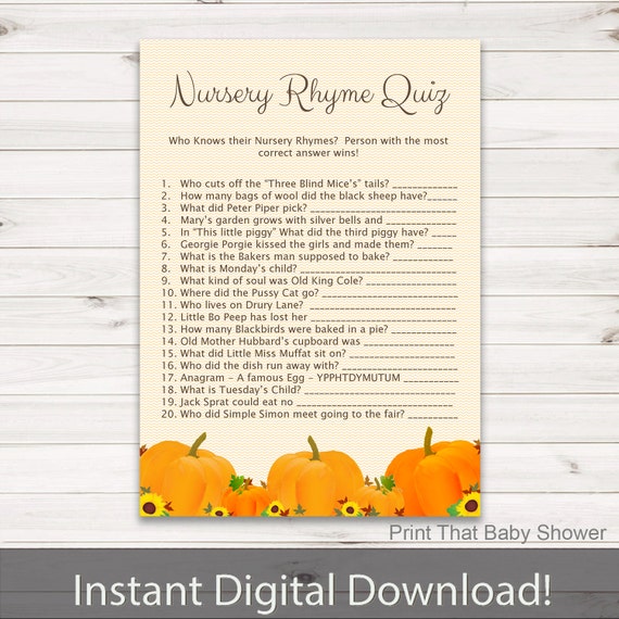 Baby Shower Games Nursery Rhyme Quiz Game Pumpkin Baby Shower