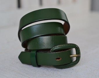 Majestic Women's Skinny Leather Belt 60s 70s Olive Green Skinny Belt Leather Wrapped Rectangle Buckle 5/8" W 36" S M L Green Leather Belt