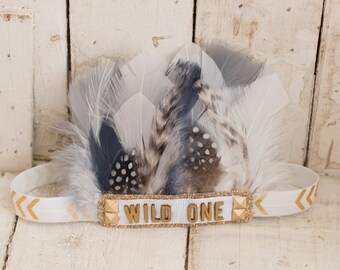 Wild One- White, Gray and Gold Feather Headband, Indie Headdress, Feather Crown