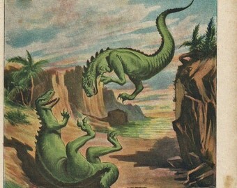 1900 MEGALOSAURUS FIGHTING. DINOSAURS Antique fine Chromolithograph. "Scientific World Nineteenth Century". 115 years old nice print.