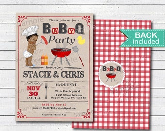 Baby Q invitation. Retro kraft paper vintage African American baby boy bbq couple coed baby shower digital printable invite. B228