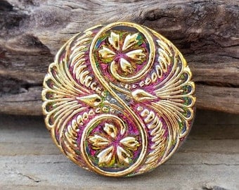 Czech Glass Button-Spiral Pink Gold Vitral 32mm BC-118,boho button,fancy glass buttons,pink glass button,pink green button, sewing knitting