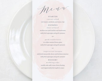 Printable Wedding Menu Template, Watercolor Wedding Menu, Blush Pink Wedding Menu Card, Menu Card, 4x9, PDF Template, Blush Wedding Menus