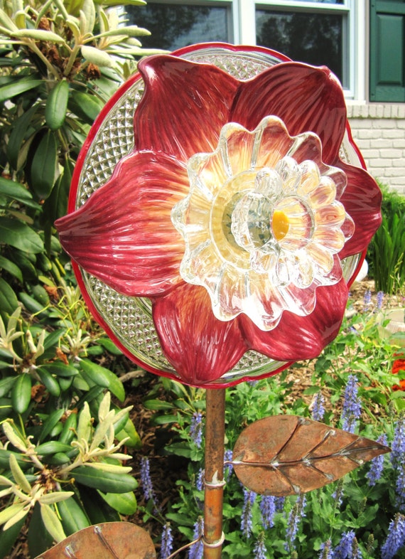 glass garden flower yard art flower plate upcycled glass