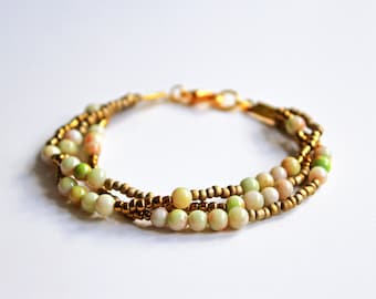 Gold cream bracelet, seed bead bracelet, multistrand bracelet, boho bracelet, beaded bracelet