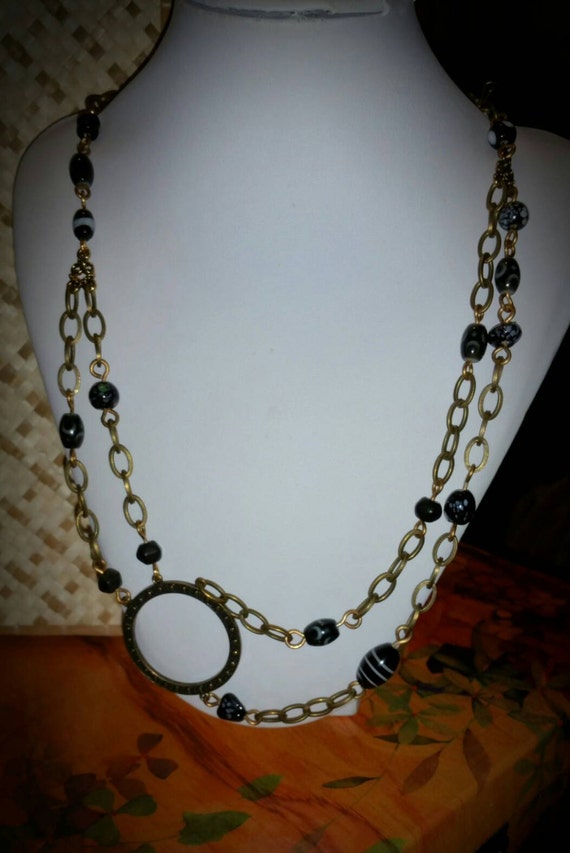 NECKLACE Black Czech glass mix linked with Low Brass wire