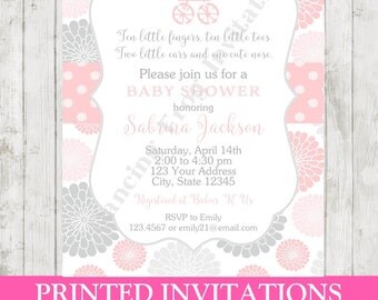 Custom PRINTED Floral Pink and Grey Baby Shower Invitation by Dancing Frog Invitations