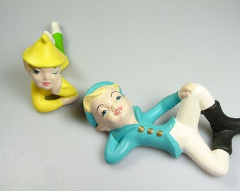 Vintage ceramic Pixie elf, boy girl elves, 1960 collectible Christmas figurines, hand made holland ceramic elf, home decor