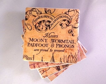 The Marauder's Map Tile Coasters. Harry Potter Inspired. Felt Backed, Set of Four, Finished with Twine Bow.