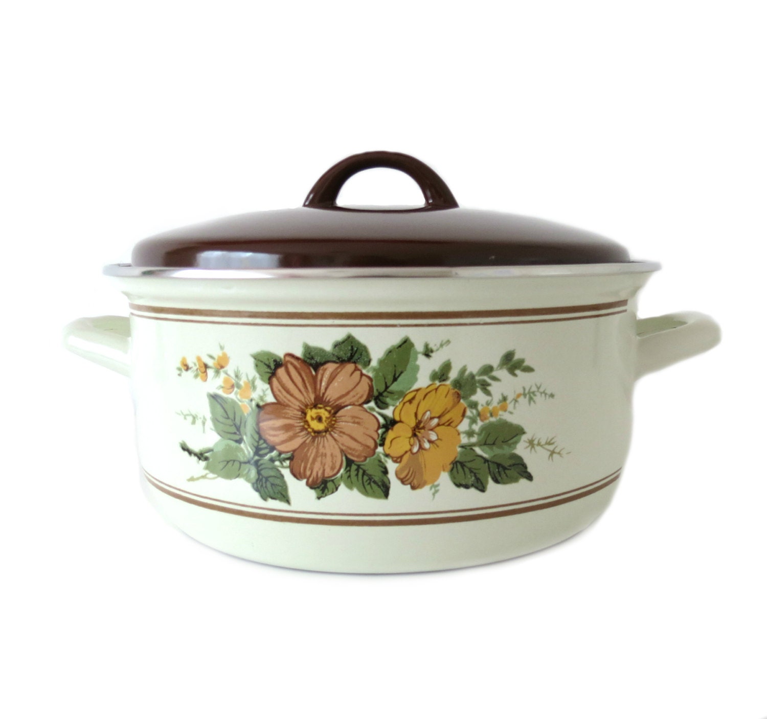 Large Enamel Pot with Floral Design Rustic Cream and Brown