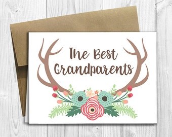 PRINTED The Best Grandparents Get Promoted to Great Grandparents - Pregnancy Announcement 5x7 Greeting Card - Floral Deer Antlers