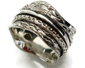 Spinner Ring Wavy Hammered Sterling Silver, Gifts for Her, Fidget Spinner, Worry Ring, Meditation Ring, Mistry Gems, SP01