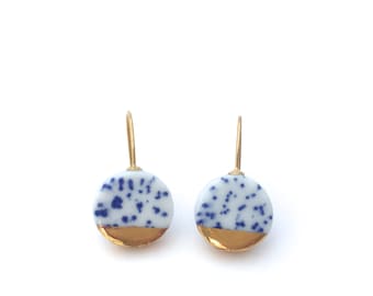 Blue and white porcelain earrings, porcelain jewelry, ceramic jewellery, wedding jewelry, minimalist earrings, 18k solid gold, gift for her
