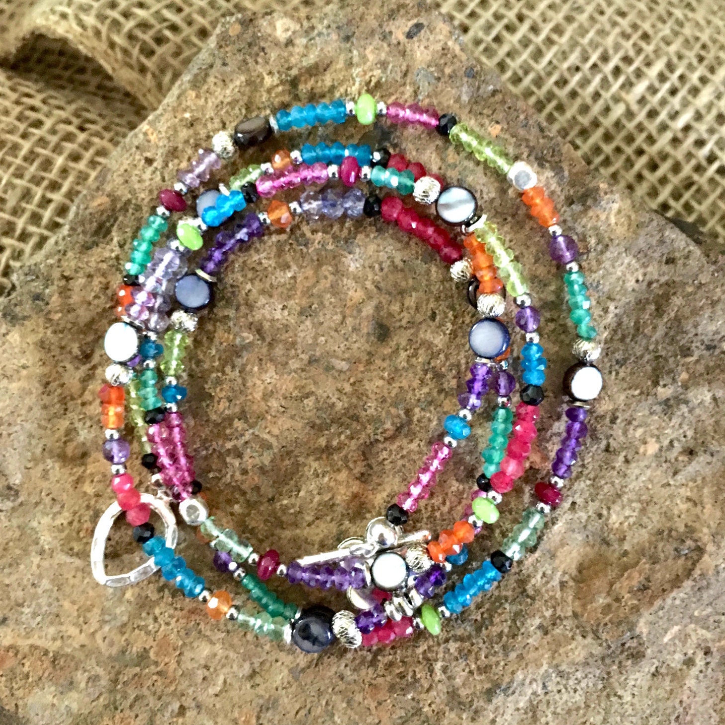 Colorful Gemstone Wrap Bracelet or Necklace with Sterling