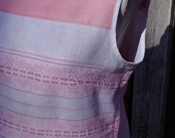 Womens Sleeveless White Cotton Dress Faded Pink Satin Embroidered Slavic Pattern Button Back Upcycled Sustainable Fashion