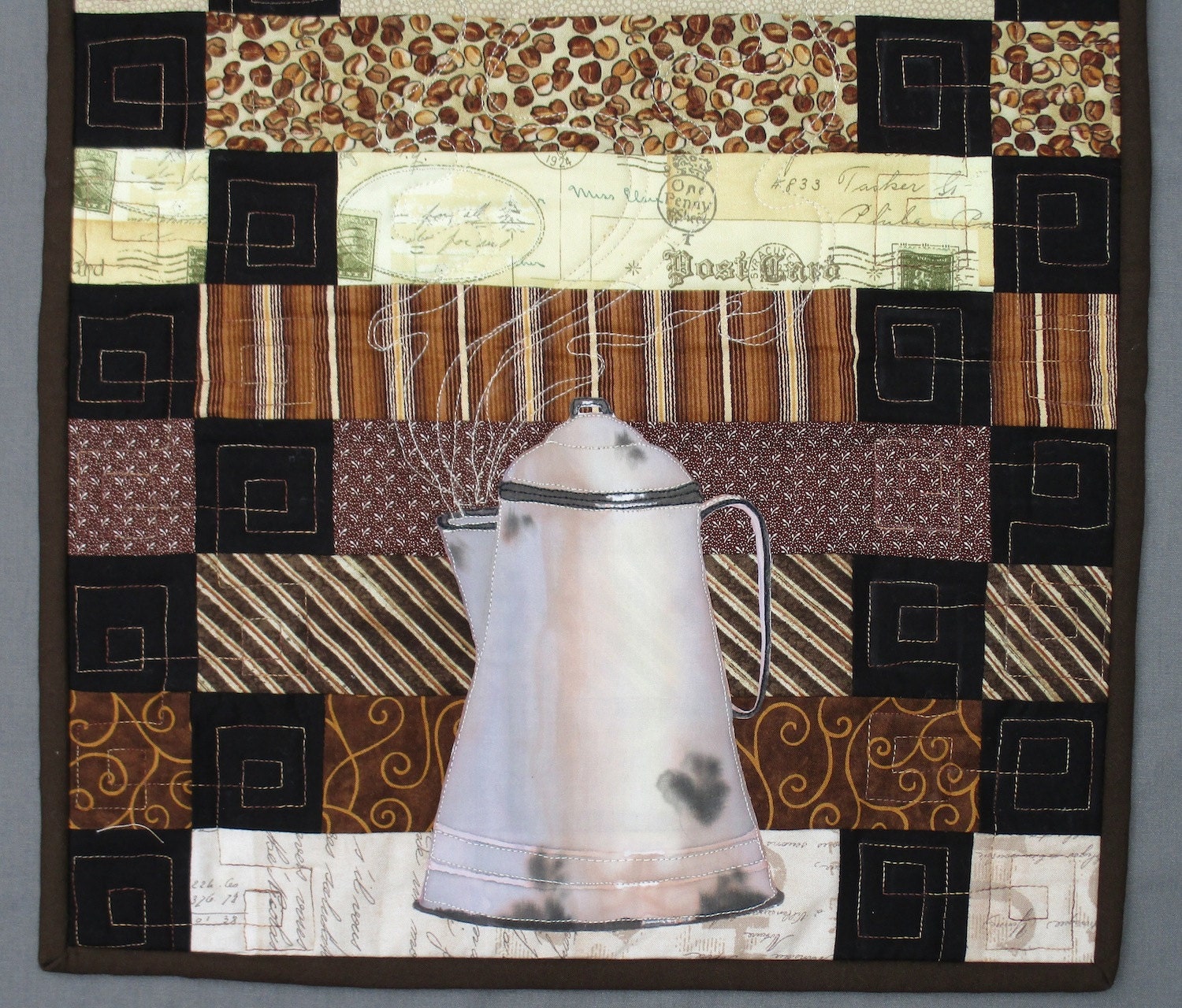 Quilted Coffee Theme Table Runner Hand Painted Coffee Pots