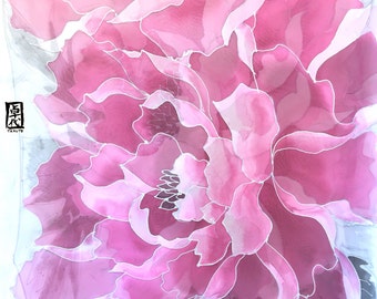 Wedding Silk Shawl, Chiffon Shawl, Hand Painted Silk Scarf, Pink and Gray Silk Wrap, Pink Peony, Takuyo, 22x90 inches. Made to order