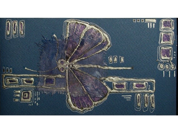 Dark blue dragonfly - handmade blank greeting card for any occasion original painting silver deep blue navy royal blue mixed media art OOAK