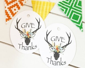 Give Thanks Gift Tags / Party Favor Tags / Fall Gift Tags / Thanksgiving Tags / Hang Tags / Product Packaging / Deer Gift Tags