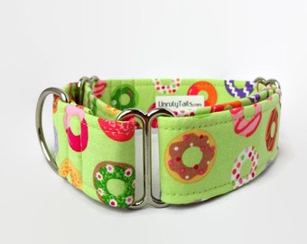 Lime Donuts Dog Collar - Martingale Collar or Side Release Buckle Collar - Colorful Doughnuts on Light Green RARE*
