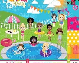Girls Pool Party Clipart, Summer Clipart, Pool Party Clipart, Fun in the sun, Pool digital images, pool graphics
