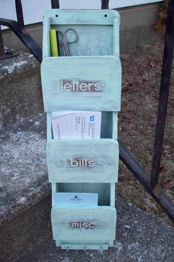 Wood Mail Holder/ Vintage wooden hand painted & distressed