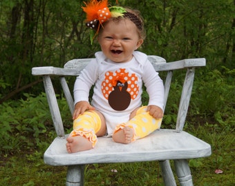 Baby Girl Thanksgiving Outfit- 3 piece onesie leg warmers and over the top bow - baby girl first thanksgiving - thanksgiving legwarmers