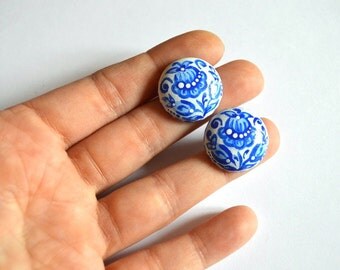 Blue Stud Earrings Paint jewelry Handmade wedding earrings wood Boho earrings bridesmaids Gifts idea|for|her round earrings Art Gift|for|her