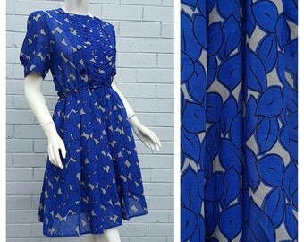 Vintage 1980s 'Matis' Label Electric Blue Leaf Print Semi Sheer Pintuck Bodice Pleat Fit and Flare Dress Medium Large
