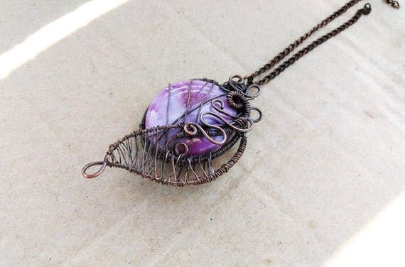 Violet copper necklace Wire wrapped necklace Violet stone pendant Copper wire jewelry Handmade Fantasy necklace Unique jewelry Boho necklace