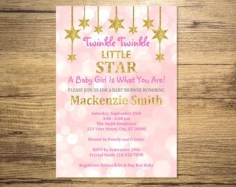 Twinkle Twinkle Little Star Baby Shower Invitation, Pink And Gold (Digital) Glitter Girl Baby Shower Invitation, Digital File