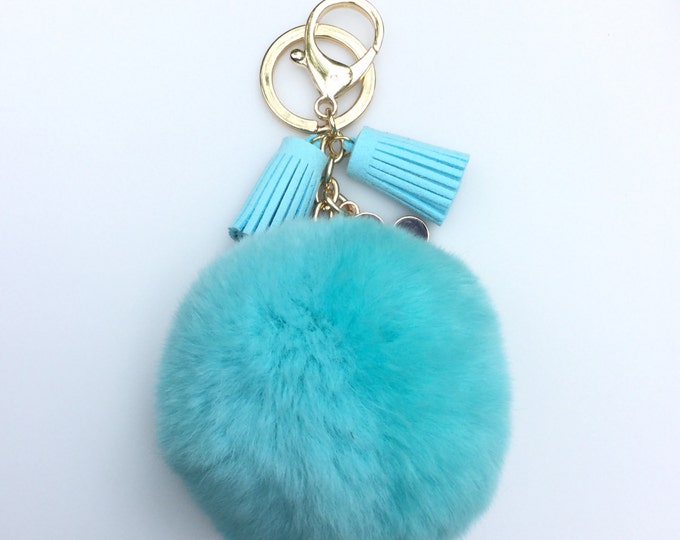 Dreamy Blue Rex Rabbit Fur Pompon bag charm pendant Fur Pom Pom keychain with flower charm and tassels