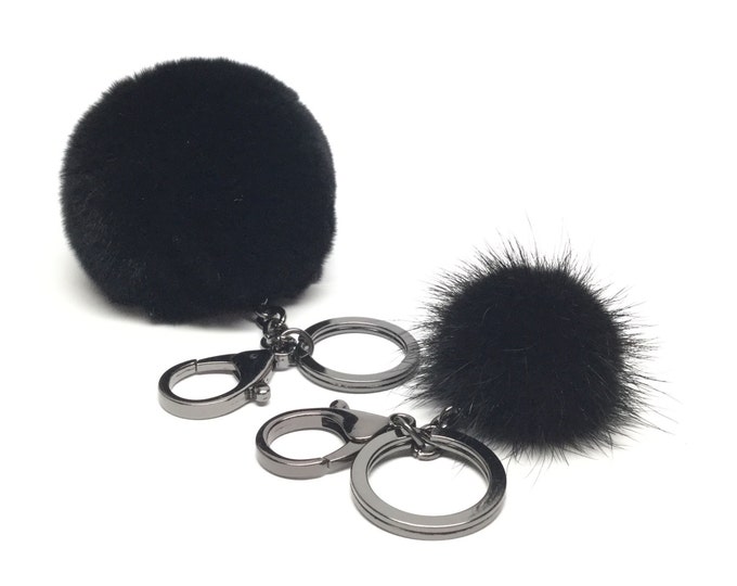 Gun Metal series Rex Rabbit fur pom pom ball with black brown mink keychain "Men in Black" Combo Car Key fob