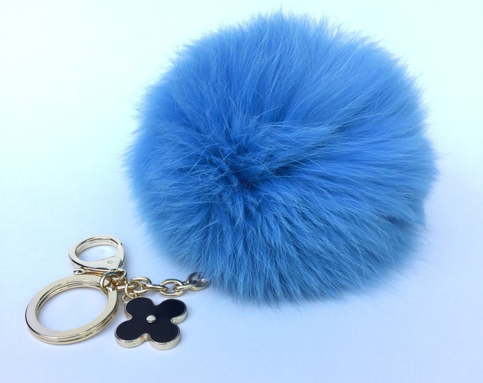 Sky Blue fox fur Pompon bag charm pendant Fur Pom Pom keychain keyring with flower charm
