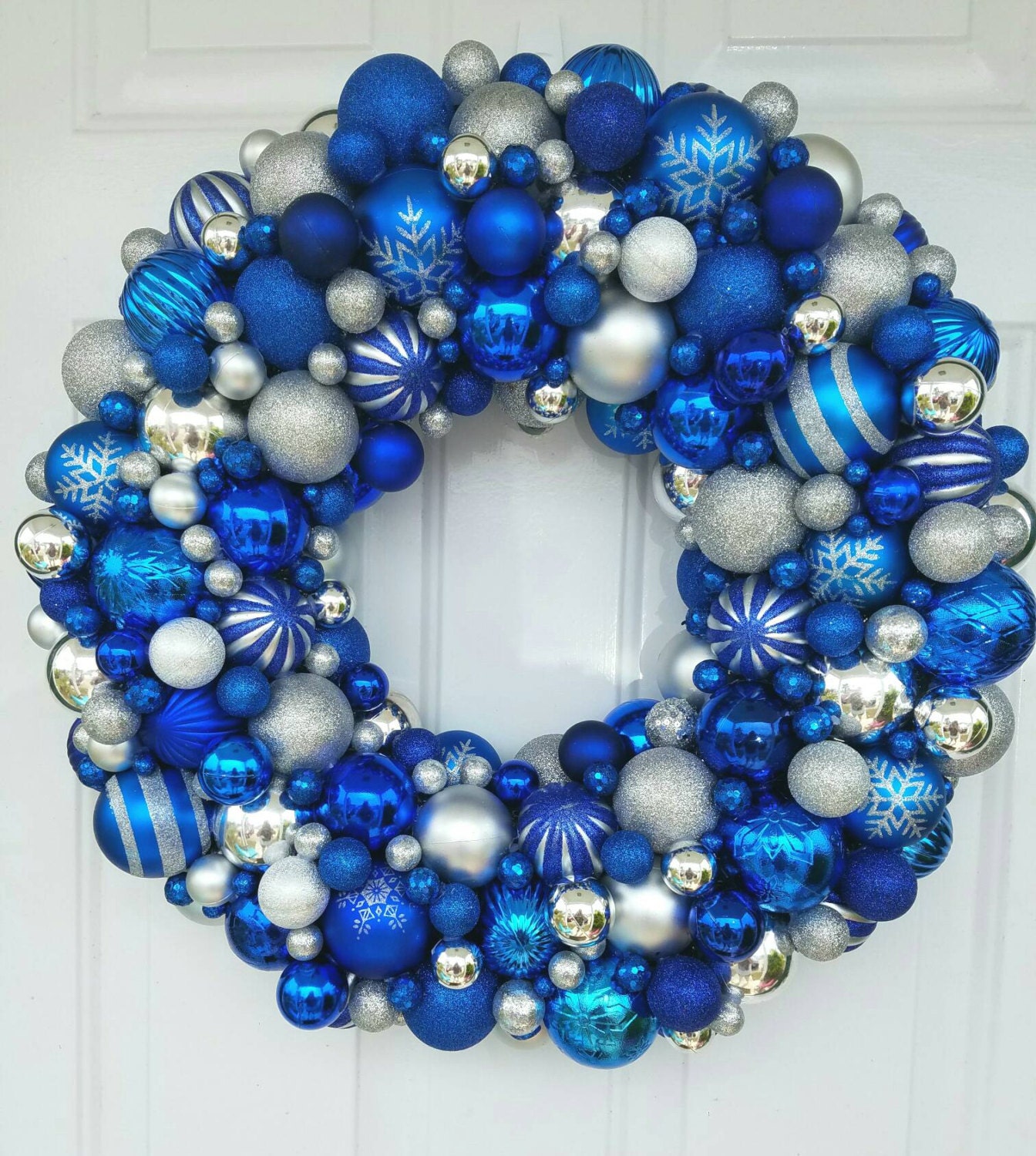 Silver and Royal Blue Christmas Ornament Wreath