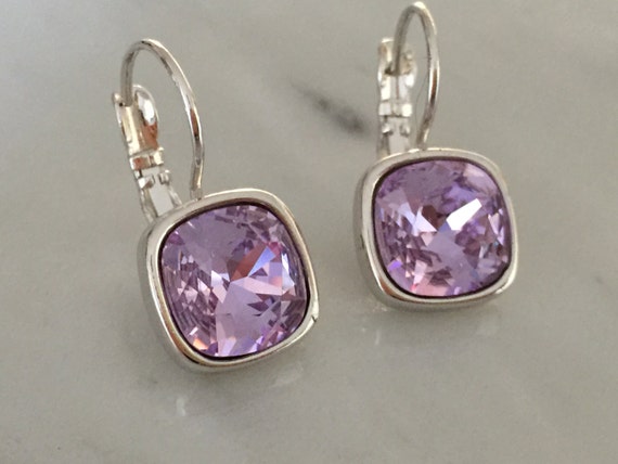 Swarovski Violet Crystal Cushion Cut Earrings, Silver