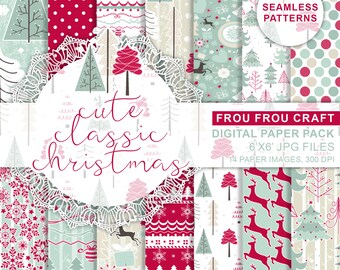 Christmas Digital Paper Pack, Seamless Pattern, Seasonal Digital Pattern, Red Blue Xmas Digital Wrap Paper, Retro Winter Digital Background