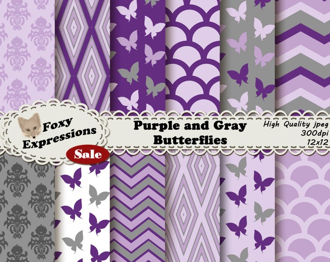 Purple and Gray Butterflies, 2 shades of gray and purple, polka dots, waves, chevron, and butterflies for personal or commercial use.