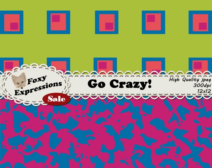 Go Crazy Scrapbooking Paper! This pack contains funky squares, doodles, stars, hearts, and ink blots in bright green, pink, blue and purple