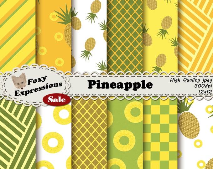 Pineapple delight digital paper comes with pineapples, slices, checkers, & stripes all in this fruits natural shades of orange, green, brown
