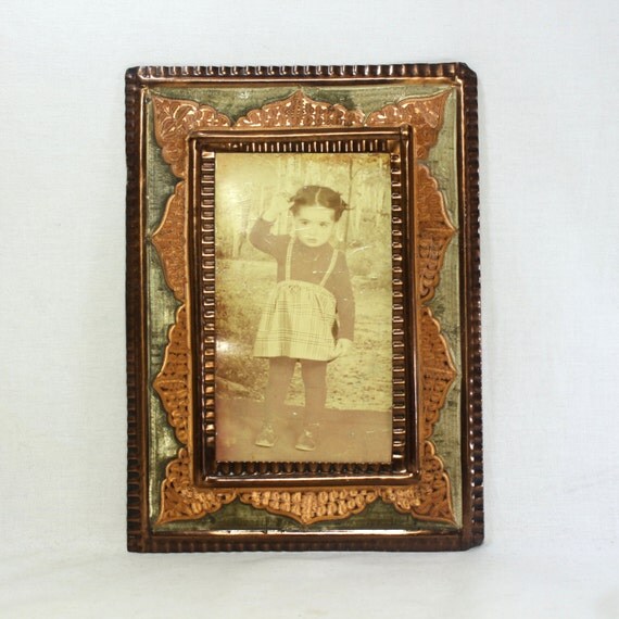 Vintage inlaid handmade copper picture frame. Metal engraving