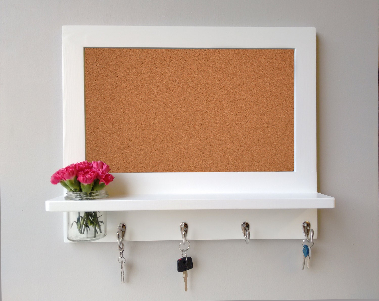 corkboard memo board organiser with shelf hooks and mason jar